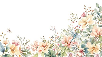 Botanical watercolor artwork featuring intricate dragonfly and floral elements, artistic, watercolor, dragonfly, colorful, floral