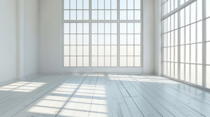 Bright and airy interior space with large windows and wooden floor