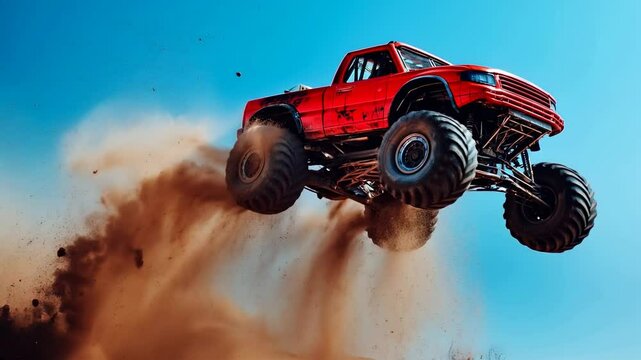 Red monster truck leaps through a cloud of dust in a desert landscape under a clear blue sky