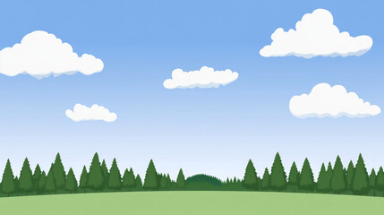 Obraz premium Cartoon landscape with trees and clouds under blue sky