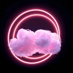 Obraz premium 3d render, abstract cloud illuminated with neon light ring on dark night sky,levitation, gradient,concept, background 