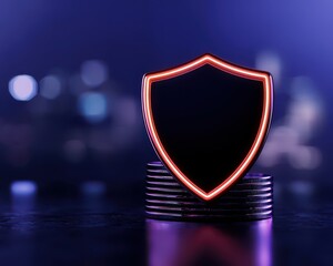 Neon shield symbol representing cybersecurity and protection in a digital environment.