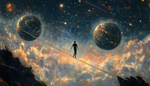 Silhouette on a rope between planets with stars and clouds, a cosmic tightrope walker journey