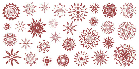 Set of geometric flowers isolated on white background, stylized flowers, round ethnic elements, vector design