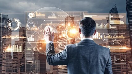 The Future of Business: A businessman stands before a futuristic cityscape, his back to the viewer, as he analyzes data and charts projected onto a digital screen. He embodies the innovation. - Powered by Adobe