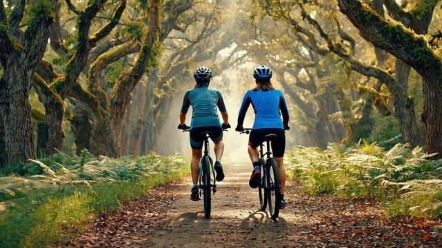 Cycling Through a Sunlit Canopy: A couple enjoys a scenic bike ride along a forest path, bathed in golden sunlight streaming through a canopy of trees.