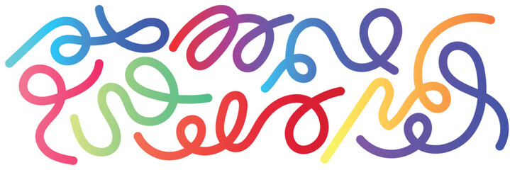 Set of Abstract Lines with Gradient texture.  Wavy Color Shape Vector Graphic Design. Dynamic Geometric Pattern. Background with Color Waves. Illustration of Squiggle Rainbow Ribbons.