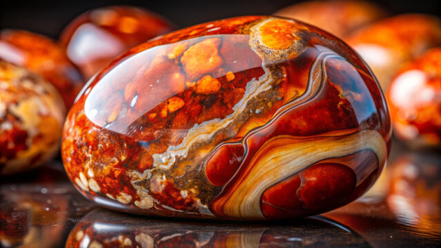 Lustrous red jasper stone with intricate patterns and textures