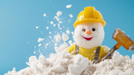 Obraz premium Cheerful Snowman in Construction Hat Surrounded by Snowy Scene