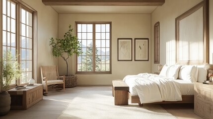 A bright bedroom in Wabi-Sabi style, featuring macram accents, wooden furniture, and neutral beige tones.