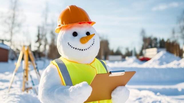 Construction Snowman Wearing Hard Hat and Safety Vest in Winter Scene