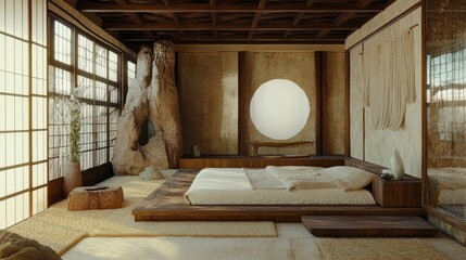 A calming bedroom with a Wabi-Sabi aesthetic, featuring macram decor, beige tones, and wooden furniture.