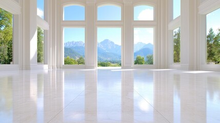 Mountain view from grand room, bright interior design, peaceful landscape, ideal for real estate listings