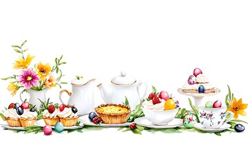 Obraz premium Easter day celebration watercolor style desserts spring garden food art bright atmosphere