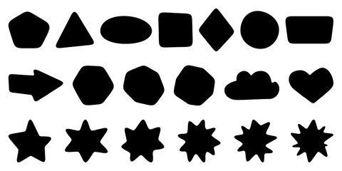 Rounded arrow, starburst diamond, triangle organic block for discount sticker. Fun square shape round card. Price box border, blob stamp, cartoon sale tag. Soft edges pyramid button bar. Text sticker