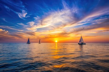 Calming sunset over the open ocean with a few sailboats in the distance, ocean sunset, open water