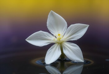 Obraz premium A close-up photograph of a delicate white flower with a yellow center, floating gracefully on the surface of water against a vibrant yellow and purple gradient background,