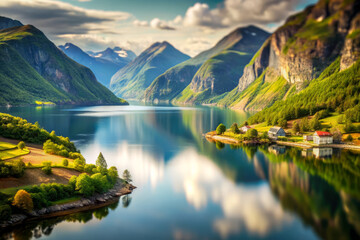 Fototapeta premium Stunning fjord landscape with mountains and reflections in water