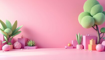 Pink background scene with plants geometric shapes and decorative objects