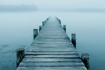 Obraz premium Serene Dock Floating Calmly Amidst Tranquil Lake Surrounded by Majestic Nature and Lush Greenery