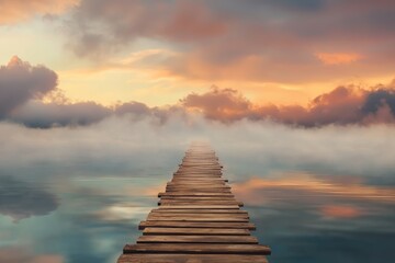 Fototapeta premium Explore the Serene Beauty of a Wooden Dock Nestled in the Heart of a Tranquil Lake