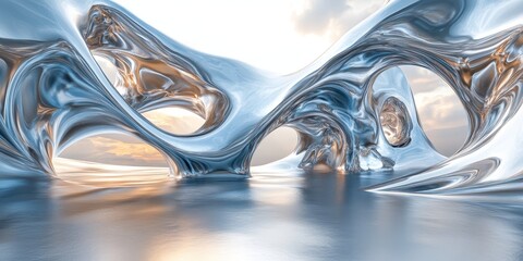 Naklejka premium Geometric fractals in metallic finish, 3D render, Generative AI