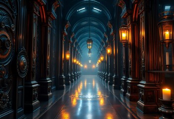 Fototapeta premium Elegant Arched Corridor with Ornate Lighting and Reflective Flooring, Generatvie AI
