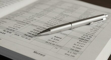 Obraz premium Minimal Silver Pen, Open Financial Ledger, Corporate Finance Management, Accounting Illustration, Office Work Concept