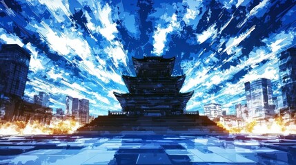 Asian Temple Cityscape  Blue Sky  Modern Architecture  Urban Fantasy Art