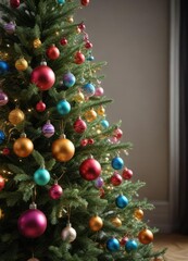 Christmas tree with colorful ornaments on branches, holly leaves, winter wonderland