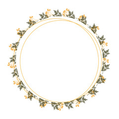 Hand Drawn Gold Colored Flower Wreath. Floral Vector Design Element for Birthday, New Year, Christmas Card, Wedding Invitation.