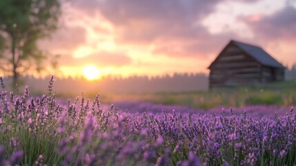 Obraz premium Serene and Colorful Lavender Field Surrounded by Nature's Beauty with Rustic Barn in Background