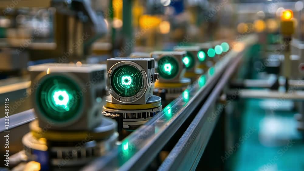 Poster green lights illuminating a row of sensors on an assembly line inside a factory, showcasing the adva