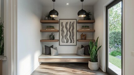 Modern entryway design with floating shelves, a bench, and a potted plant.