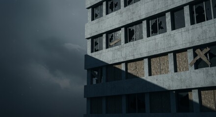 Fototapeta premium Corporate Building with Boarded Up Windows - Market Collapse and Business Closure