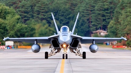 Fototapeta premium Fighter jet taxiing on runway, forest background, military aviation