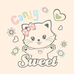 Cute and sweet cat vector illustration with flowers, butterflies, and bees, playful and nature-inspired design
