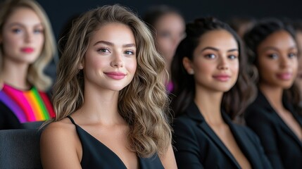 Obraz premium Smiling young woman with wavy hair sits in a diverse audience of professional women during an indoor seminar.