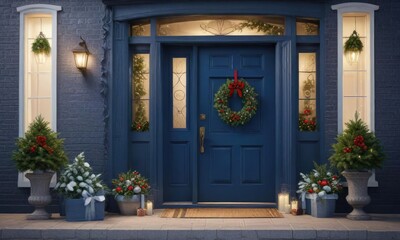 Fototapeta premium Classic Blue Front Door with Christmas Wreath and Ornaments, seasonal charm, festive architecture
