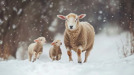 Naklejka premium Heartwarming documentary photo mother sheep standing snowy field adorable lamb,beauty farm life, winter landscape,animal bonding nature,story,rustic,love,herd,purity,calm,cute,cozy,warm,gentle,cold