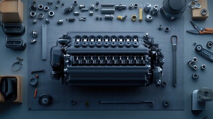 A disassembled car engine valve cover surrounded by bolts and tools on a workshop mat.