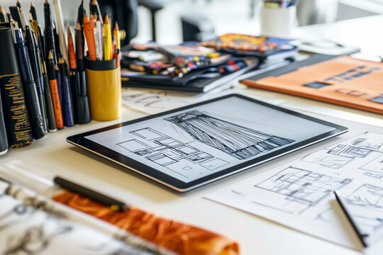 Creative workspace featuring design sketches, tools, and a tablet displaying fashion illustrations