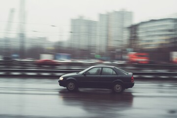 Fototapeta premium Black Sedan Moving Quickly on a Rainy Urban Street