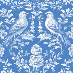 Obraz premium Elegant blue pattern with white birds and floral design in a vintage style repeating motif