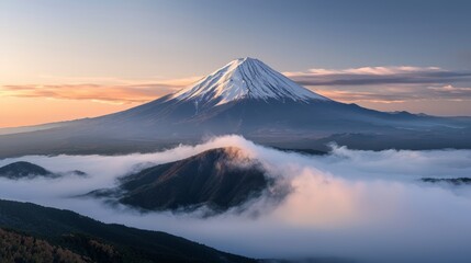 A Stunning Mountain Veiled in Mystical Fog Under a Clear Blue Sky: A Nature Lover's Dream