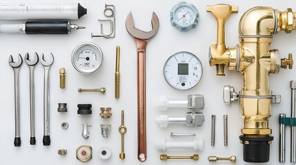 Fototapeta premium A flat lay of boiler repair tools, including wrenches, a pressure gauge, and a diagnostic device.