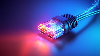 Close-up of illuminated network cable connector.
