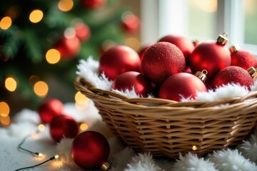 A wicker basket filled with sparkling red ornaments rests on a soft white surface, illuminated by warm, festive lights from a nearby evergreen tree.