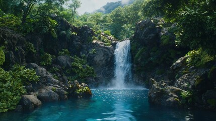 Fototapeta premium A Stunning Waterfall Cascading Gracefully within a Serene Body of Water Surrounded by Nature's Beauty