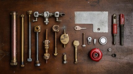 Obraz premium A flat lay of repair parts, including gaskets, pipe connectors, and a diagnostic tool.